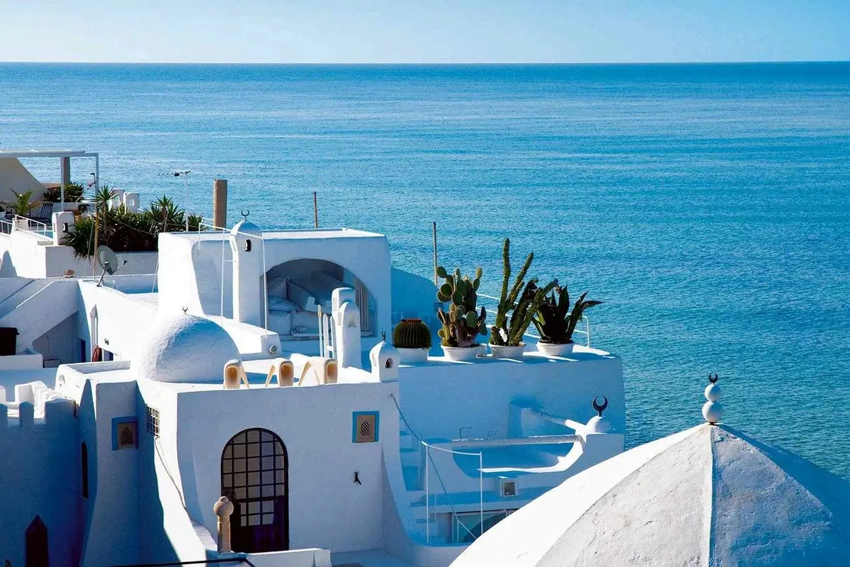 Maisons blanches de la médina de Hammamet face à la Méditerranée, Tunisie