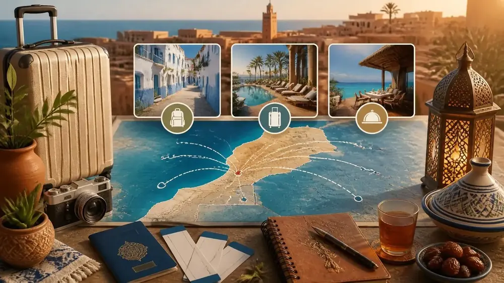 Cheap trips from Morocco: suitcase, passport, tickets and a map of flight routes from Morocco