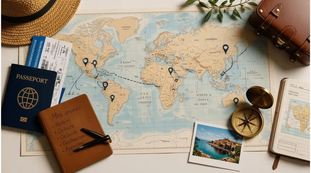 Planning a bespoke trip: world map, passport, plane tickets and travel journal